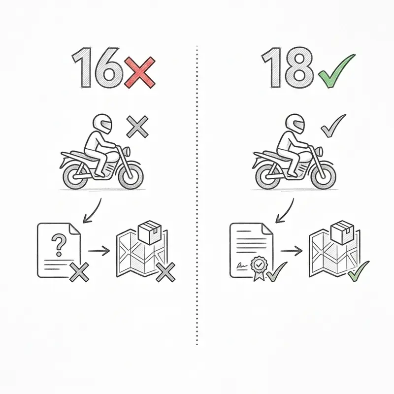 Kuryelik yaş sınırı infografik: 16 yaş yasak, 18 yaş ticari kuryelik serbest