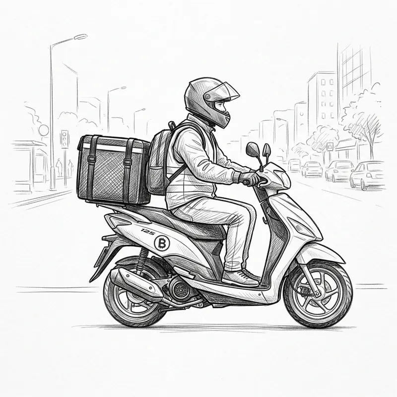 B sinifi ehliyet ile 125cc scooter kullanan motokurye karakalem illustrasyonu