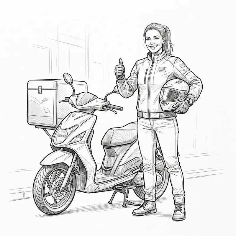 Başarılı motokurye scooter yanında pozitif poz verirken karakalem illüstrasyonu