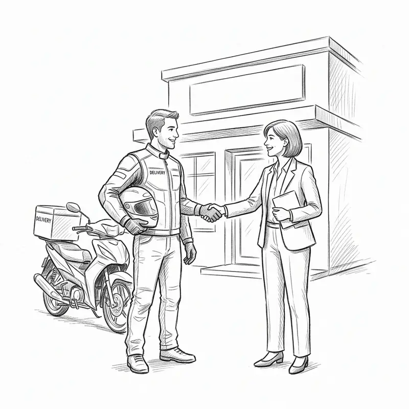 Baskasinin sirketi ile kuryelik yapan motokurye ve is sahibi karakalem illustrasyonu