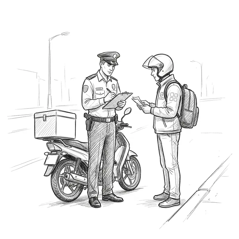 Trafik polisi belgesiz motokurye'ye ceza yaziyor karakalem illustrasyonu