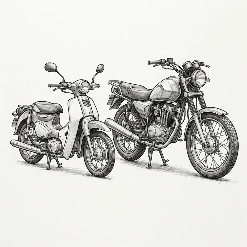 50cc moped ile 125cc motosiklet karşılaştırması karakalem çizim