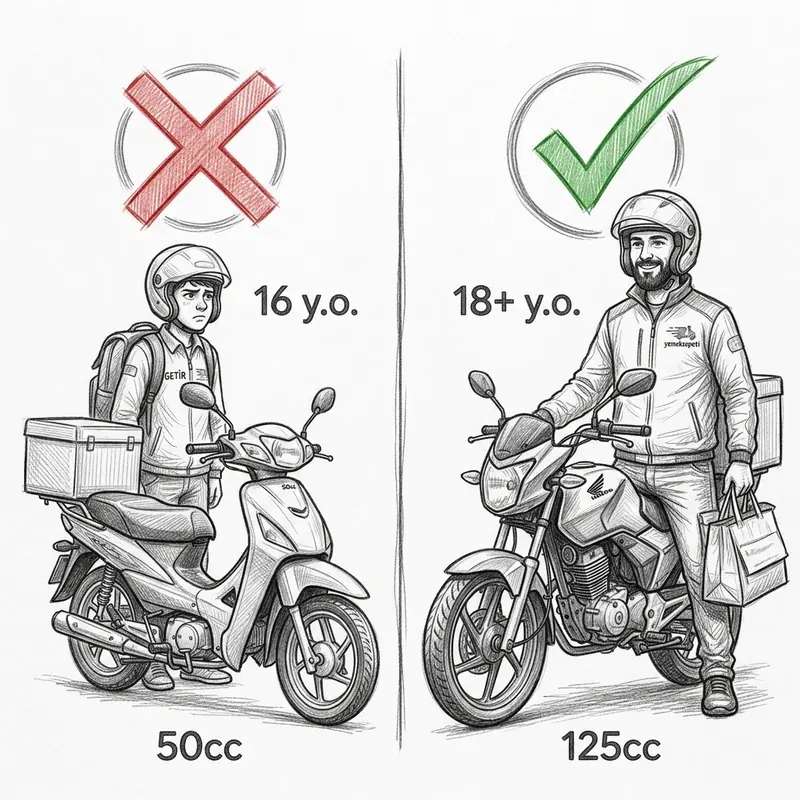 Kuryelik yaş sınırı infografik: 16 yaş yasak, 18 yaş ticari kuryelik serbest