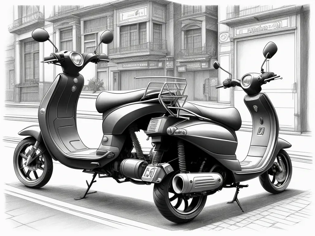 50cc moped ile kuryelik yapan bir kurye karakalem illüstrasyonu
